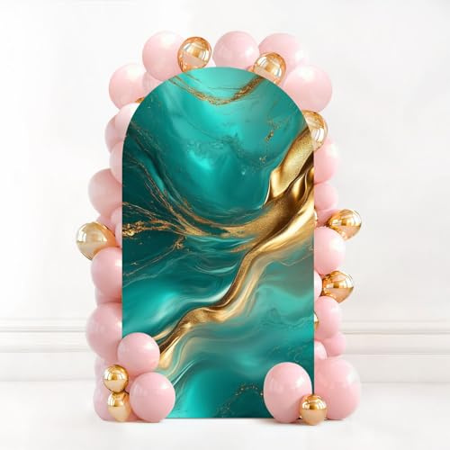 7.2FT Wedding Arch Backdrop Cover Pastel cyan mint liquid marble watercolor gold lines brush stains Teal Spandex Fitted Fabric Round Top Stretchy Stand Covers for Baby Shower Birthday Party Decoration