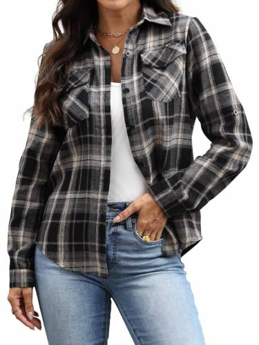 Famrrifuu Chemise a Carreaux Femme Classique Chemisier en Flanelle Bucheron Western Élégant Blouse 100% Coton Décontractée Shirt