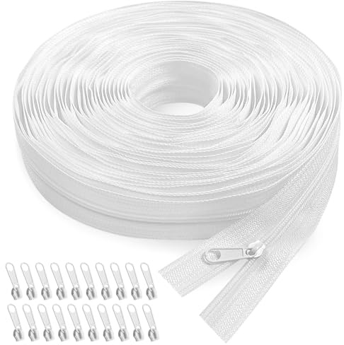 TAVIN Endlosreißverschluss 10m Meterware,3mm Nylon Band mit 20 Metall | Zippern,faltfrei auf Rolle - für DIY,Kleidung,Bettwäsche,Tasche (Weiß)