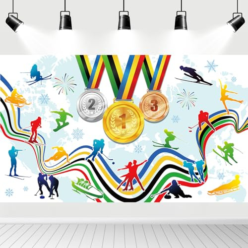 DPKOW Bannière décorative Sports d'hiver 2026, Grande bannière en Tissu ornée de médailles internationales, idéale pour Une fête sur Le thème des Sports d'hiver 2026, 185 x 110 cm