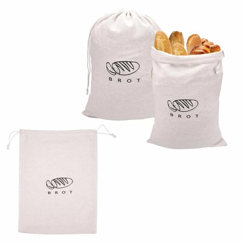3 Pezzi Sacchetto Portapane 40x30cm Sacchetti per Pane in Lino Riutilizzabili con Coulisse Sacchetti Pane Salvafreschezza per Prodotti da Forno Frutta e Verdura