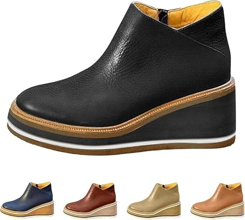 Bottines décontractées à bout rond en cuir pour femme - Bottines compensées pour l'automne et l'hiver - Bottines courtes à talons hauts - Légères et confortables - Fond épais, Noir , 39 EU
