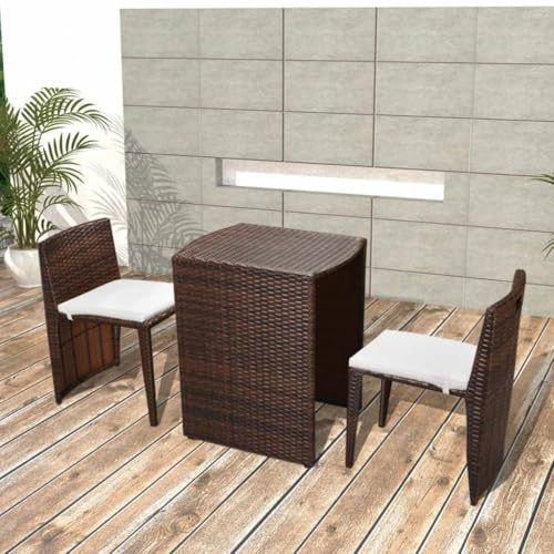 JHQHSM 3-TLG. Bistro-Set mit Auflagen aus Poly Rattan in Braun, Gartenmöbel mit Stahlrahmen und wetterfestem PE-Geflecht, inklusive 1 Tisch und 2 Stühle mit Sitzkissen für Terrasse