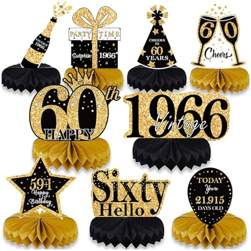 Gleemix 9 Stück Tischdeko 60 Geburtstag, Deko Schwarz Gold Bienenwabe Mittelstück, Geburtstagsdeko Mann Frauen, 60 Geburtstag Party Deko für Geschenke