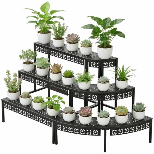 Dalumian Support à Plantes en métal à 3 Niveaux, étagère en Fer en Forme d'échelle, Organisateur de Rangement Robuste et Pratique, étagère d'angle à Plusieurs Niveaux pour Plantes à Fleurs (Noir)(C)