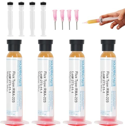 IWIDYA 4er Pack Lötflussmittel in 10cc Spritzen, YF-RMA-223 No Clean Flux, Flussmittel-Gel per SMD Löten e Riparazioni PCB, con 4 Schubstangen + 4 Nadel-Sets, 20g