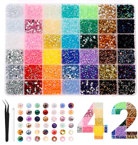 Goshoppers Lot de 32 000 pierres pailletées pour textiles - 3 mm - 42 | Kit de strass idéal avec pince à épiler et stylo - Strass plats en résine de qualité supérieure pour nail art et artisanat