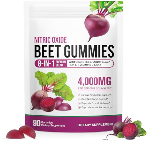 Beetroot Gummies, 4000mg Organic Beetroot Extract Supplement High-Concentration 8 in 1 Beetroot Supplement with Vitamin C, B12 CoQ10 Grape Seed Extracts, Boost Energy Levels &Heart Health 90 Chews (1)
