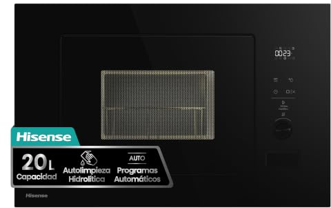 Hisense BIM320G52BG - Microondas integrable, 20L, Fondo 35cm, Autolimpieza Hidrolítica, Programas Automáticos, Cocción Multietapa, Descongelado por Tiempo y Peso, Cristal Negro