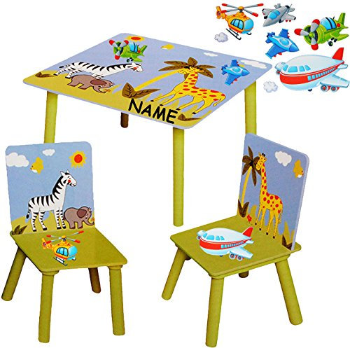 alles-meine.de GmbH 3 TLG. Set: Sitzgruppe/Sitzgarnitur für Kinder - sehr stabiles Holz - Zootiere - Zebra & Giraffe & Flugzeuge & Helikopter - incl. Name - Tisch + 2 Stühl..