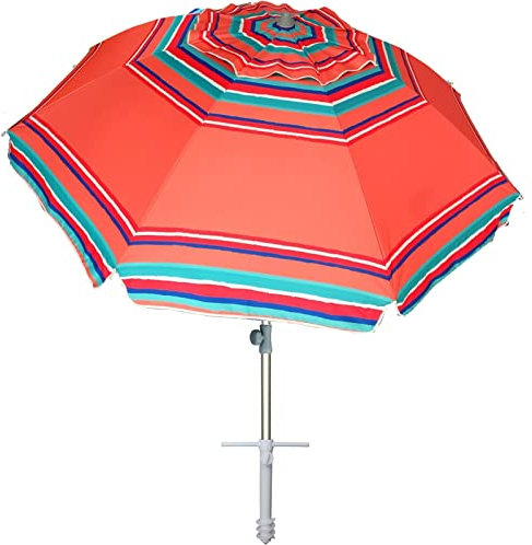 AMMSUN Ombrellone da spiaggia da 2,1 m con vite di ancoraggio a sabbia, inclinabile, antivento, protezione solare, rivestimento interno in argento UPF 50+ e palo telescopico per patio esterno,