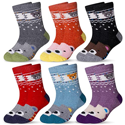 Eocom 6 Pairs Children's Winter Warm Wool Animal Crew Socks Kids Boys Girls Socks (6 Pairs Bear, 1-3 Years)