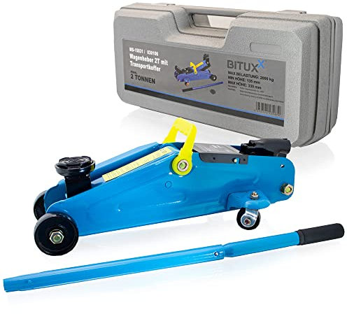BITUXX Hydraulischer Rangierwagenheber 2T flach Wagenheber hydraulisch 2 Tonnen Hubhöhe von 13,5 cm bis 33,5 cm inkl. Gummiauflage und stabilem Transportkoffer