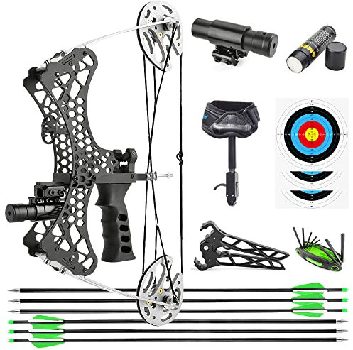 SHARROW Bogenschießen Mini Compound Bogen und Pfeil Set Jagdbogen 25lbs Sportbogen Erwachsene Jugend Compoundbogenset für Outdoor Bogen Jagd Angeln (Silber)