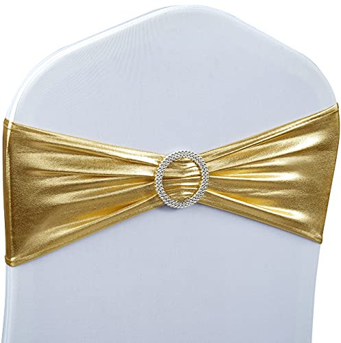 Babenest Cintas con Lazo para sillas, elásticas, con Hebilla Deslizante, universales, para Bodas, Fiestas, Ceremonias, recepciones, decoración de Banquetes, 50 Unidades, Dorado metálico