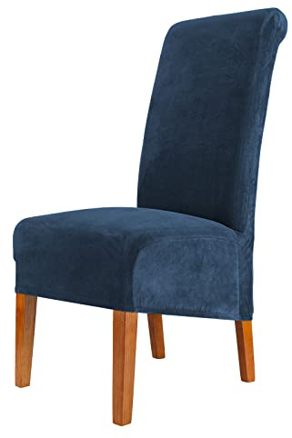 CMAKER Velvet Dining Chair Covers, Stretch Large Chair Slipcover, Spandex High Back Chairs Cover Elastic Washable Removable XL Chair Protector,Set of ６,Navy