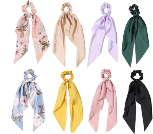 (8 Stück) Chiffon elastischer Haargürtel, Punkte, Floral Muster Schleife Haarschmuck, geeignet für Mädchen und Frauen Pferdeschwänze und andere Haarfixierer (2 floral+6 SOLID)