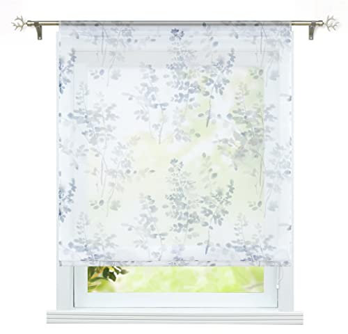 ESLIR Raffrollo Küche Raffgardine mit Tunnelzug Gardinen Transparent Bändchenrollo mit Blätter Muster Grau BxH 120x140cm 1 Stück