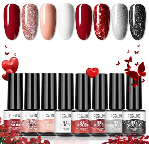 ROSALIND Esmalte Semipermanente Para Lampara,8 Colores Rojo Pintauñas Semipermanentes Blanco Rojo Negro Nude Kit de Esmalte de Uñas en Gel UV LED Valentín Mini