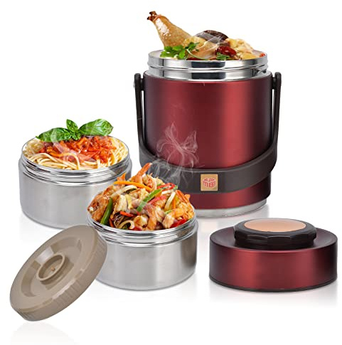 Hapivida Tarro de Comida Aislado, Fiambrera Portátil de Acero Inoxidable con Tecnología de Doble Pared, 1.5 L, 3 Niveles, con Bolsa de Almuerzo, para Adultos y Estudiantes