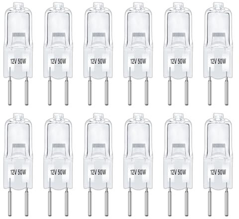 12 Stück G6.35 50W 12V Halogen Glühlampe Dimmbar, GY6.35 Bi-pin Leuchtmittel, 650lm, Warmweiß 2700K, AC/DC 12V, Klar Kapsel Lampe, Halogen Stiftsockellampe für Kronleuchter, Landschaftsbeleuchtung
