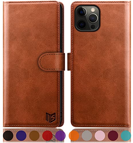 SUANPOT [RFID Schutz für iPhone 12 Pro Max 6,7-Zoll Hülle PU Leder Handyhülle Lederhülle Klapphülle Kartenfach Flip Cover für Apple 12 Pro Max Handy hülle Leather Wallet Phone Case Hellbraun