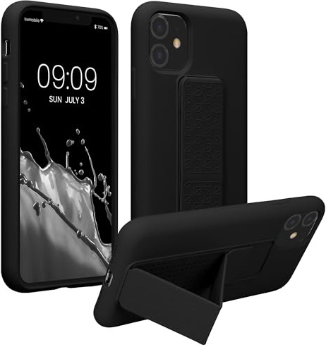 kwmobile Case for Apple iPhone 11 Case - Soft TPU Cover with Silicone Coating - With Hand Strap and Stand Function - Shockproof - Black