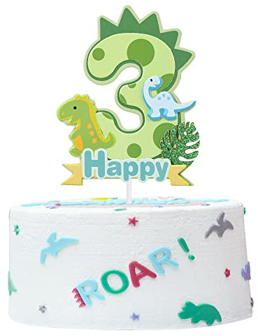 Gyufise 3 x Dinosaurier 3. Rex Happy Birthday Kuchendekoration Glitzer T-Rex dritte Kuchenplektren Babyparty 3. Geburtstag Dinosaurier Thema Party Kuchen Dekorationen Zubehör Grün