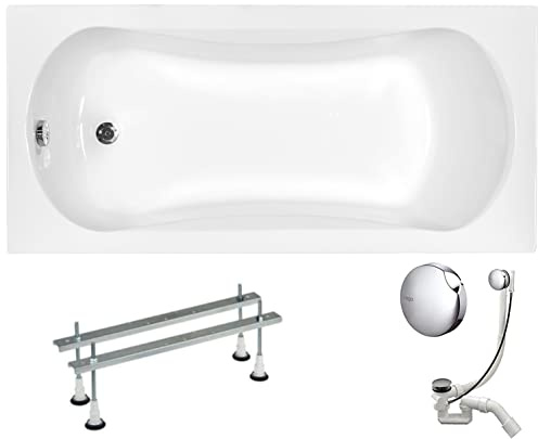VBChome Acryl Badewanne 130x70 cm Weiß Rechteck Wanne Siphon Wannenfüße Design Modern Ablaufgarnitur in Chrom