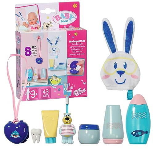 Baby born Bath Fun Set 834282 - 8 Accessories for Dolls up to 43cm - Includes Toothbrush, Wash Cloth, Bottles & More! - Suitable for Kids from 3+