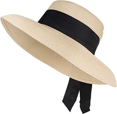 styleBREAKER Damen Sonnenhut mit breitem Schwarzem Zierband, breite Krempe, Strohhut, Papierstroh Hut 04025036, Farbe:Beige