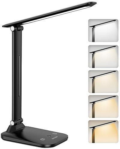 BICKON Lampe de Bureau LED - Doux pour les Yeux,Lampe Tactile avec Minuterie & Mémoire,5 Modes d'éclairage & Luminosité Réglable,Alimentation USB-C,pour Enfants, Étude,Travail de Bureau [Noir]