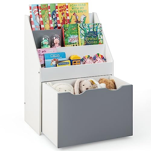 DREAMADE Kinder Bücherregal mit 3 Fächern und herausziehbarer Spielzeugkiste mit Rollen, Spielzeugregal Spielzeug-Organizer Kinderzimmerregal, Kinderregal aus Holz für Kinderzimmer