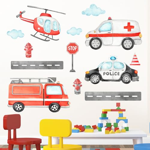 Mfault Vehicles Transportation Wall Decals Stickers, Helicopter Ambulance Fire Truck Police Car Nursery Decorations Boys Bedroom Art, Stop Roadblock Hydrant Cloud Toddlers Kids Room Playroom Decor