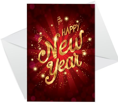 RED OCEAN Happy New Year Card, New Year Greeting Card with White Envelope, New Years Eve Card for Families Friend Colleagues Neighbours