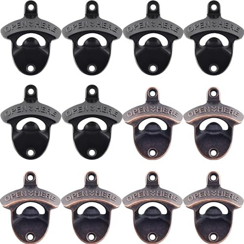 HAIICEN Paquete de 12 abrebotellas de cobre antiguo para montaje en pared, abridor de tapas de cerveza antiguas montables, a prueba de óxido, abridor de tapas de botellas de cerveza, color negro, para