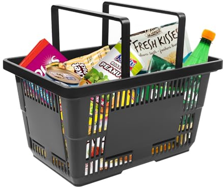Mermajestic Carrito de compras 12 Uds 28L Plástico grande Cesta de compras Mercado Tienda de comestibles con asas Cajas de almacenamiento apilables negras Cestas Hamper para mercado Tienda de