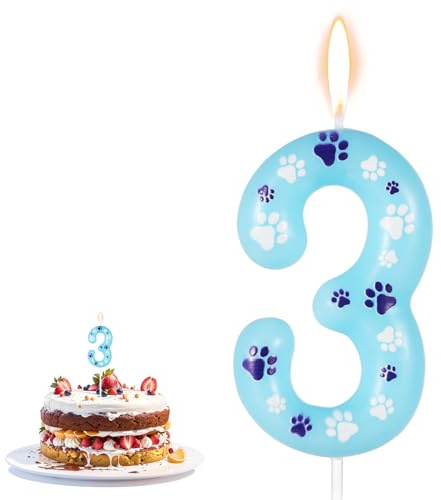 Geburtstag Zahl Kerze mit Pfotenabdruck, 10,5x4cm Zahlenkerzen für Torte Hunde Katzen Kerzen Geburtstag für Haustier Blau Kerze für Geburtstagskuchen Haustier Partydeko (Nummer 3)