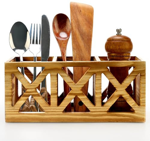 Wooden Cutlery Silverware Holder Flatware Caddy Wood Utensil Organizer for Kitchen Counter Decor Small Silverware Countertop Spoon and Fork Holder Table Utensil Caddy for Party Cutlery Basket