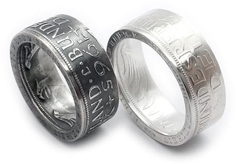 Münzring aus Silber 625, 5 Mark Silberadler Heiermann BRD, Jahrgänge 1951, 1956-1961, 1963-1974, Ringgrößen 52-68 inklusive Schmuckbeutel