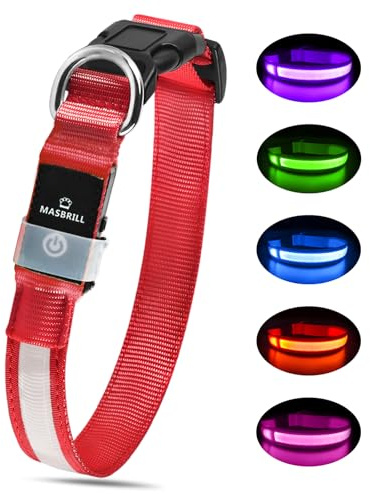 MASBRILL Collar Luminoso Perro Recargable USB/Tipo C, Collar Perro Luz Impermeable y Ajustable con 3 Modos de Luz, Collares LED para Perros Pequeños/Medianos/Grandes, Rojo S