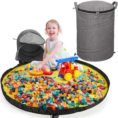 Duscdesp Aufbewahrungstasche für Spielzeug mit Spielmatte und Deckel, Bausteine Aufbewahrung Tasche Aufbewahrungsbox mit Spielteppich, Aufbewahrungskorb für Kinderzimmer, Kinder Geschenk (Grau)