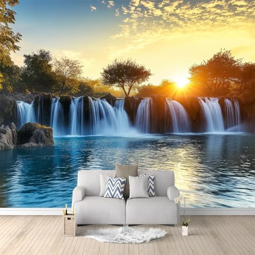 Papier Peint Panoramique de Photo Paysage Cascade Au Coucher Du Soleil 300x210 cm Intissé Murale Pour Chambre, Salon, Décor