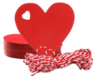 Tabanzhe Kraft Paper Gift Tags Set-100 PCS Blank Heart Shaped Paper Tags Hanging Red Gift Labels with 10 M Red and White String for Crafts Wedding Birthday Thanksgiving Valentine's Day Party Supplies