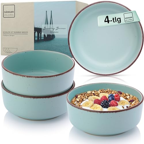 Sänger Bombay Breeze | Steingut Schüssel Set 4 teilig, Müslischalen für 4 Personen, Schalen, kratz- mikrowellen- spülmaschinenfest, Kleine Schüsseln Tiefe Teller blau 700 ml | VALUE COLLECTION