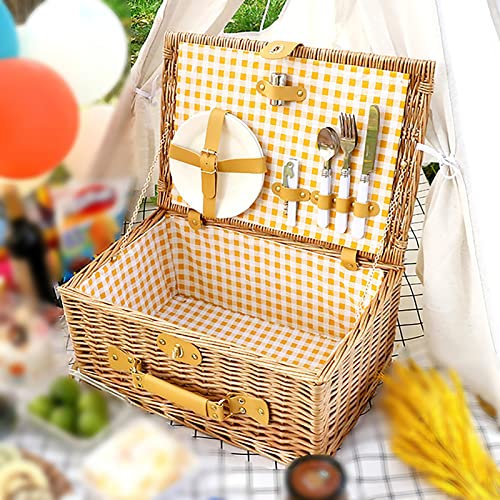 HCZKIUJY Picknickkorb 2 Personen Picknickkorb Weiden-Picknickkorb mit Griff, Korbweide, Premium-Set mit Tellern, Besteck, Weingläsern, Pfefferstreuer und Korkenzieher fürs Camping