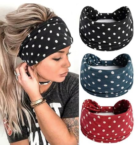 Chemo Headwear Yoga Headband Extra Wide Soft Turban Cap Alopecia Bandana Head Cover (Navy Polka Dot)