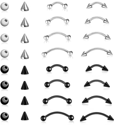 Telooco 16 piercing per sopracciglia, in acciaio chirurgico, curvo, per labbra, labbra, orecchio, sopracciglio, unisex, in acciaio, nero