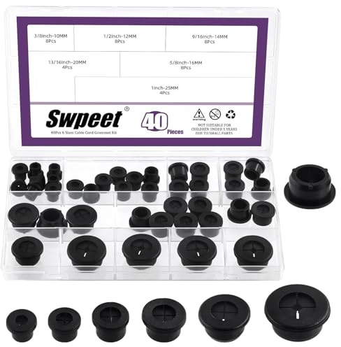Swpeet Kit assortito di 40 passacavi per cavi neri in 6 misure, guarnizioni flessibili in gomma per cavi, copriforni per fori, per scrivanie, coprifori per ufficio, casa, scrivanie per computer
