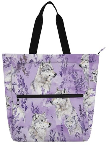 Glam Wolf Büchertasche, Kunst-Tragetasche für Kinder und Erwachsene, wasserabweisend, Bibliotheksbuch, Einkaufstasche mit Reißverschluss-Griffen, für Schule, Einkaufen, Lebensmittel, Regenbogen